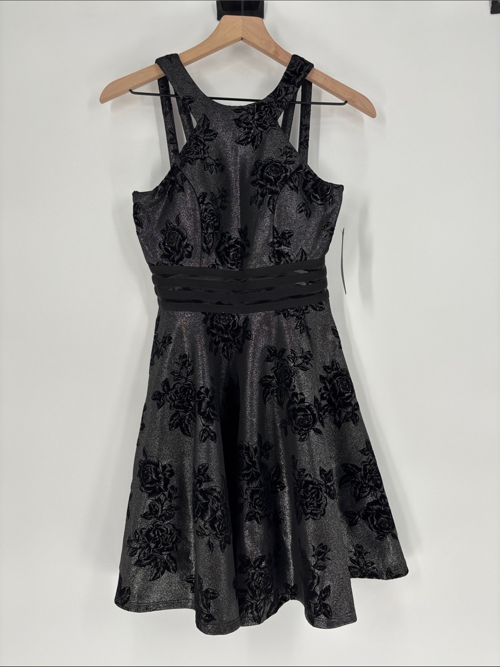 City studio black silver roses fit flare dress 5 new